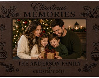 Personalized Christmas Faux Leather Photo Frame, Engraved Family Holiday Picture Frame, Portrait or Horizontal Leatherette Gift