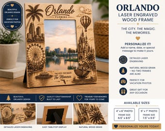 Personalized Orlando Wood Photo Frame, Laser Engraved Florida Vacation Picture Frame, 4x6 or 5x7 Travel Keepsake Gift