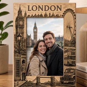 May include: A rectangular wooden picture frame featuring a laser-engraved London skyline and landmarks including Big Ben, the London Eye, a red telephone box, a double-decker bus, and a black taxi. The word LONDON is printed at the top center.