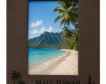 Personalized Travel Photo Frame, Engraved Faux Leather Vacation Gift, 5x7 Picture Frame