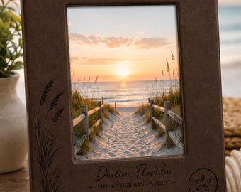 Personalized Beach Photo Frame, Engraved Faux Leatherette Vacation Frame