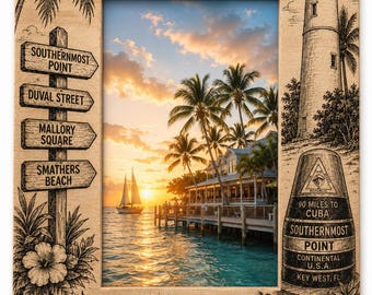 Key West Engraved Wood Photo Frame, Florida Vacation Souvenir, Tropical Coastal Picture Frame, 4x6 or 5x7 Beach Gift