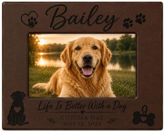 Personalized Pet Photo Frame, Engraved Faux Leather Dog Frame, Custom Leatherette Picture Frame
