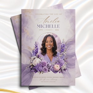 Peut inclure: Un livret de cérémonie funéraire avec le portrait d'une femme entouré de fleurs violettes et de tissu fluide. Le texte indique CELEBRATING THE LIFE OF Amelia MICHELLE 1975-2026, BELOVED DAUGHTER | SISTER | MOTHER | FRIEND, His life was a blessing, HER MEMORY A TREASURE.