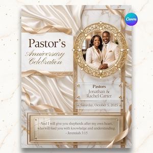 Church Anniversary Program Template | Editable Canva Church Booklet | White & Gold Pastor Appreciation Program | Bi-Fold Church Service