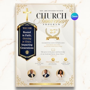May include: A church anniversary program flyer featuring gold and navy blue accents. Text includes "You are invited to our Church Anniversary Program," "25th Anniversary," and "Rooted in Faith, Growing in Grace, Impacting Generations" with three portraits.