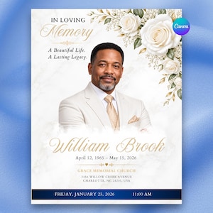 Può includere: Un modello di programma funebre con il ritratto di un uomo in abito beige, rose bianche e testo dorato che recita In Loving Memory, A Beautiful Life, A Lasting Legacy, William Brook, 12 aprile 1965 – 15 maggio 2026, Grace Memorial Church, Charlotte.