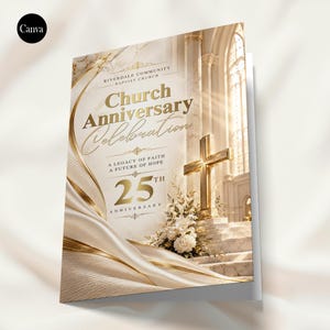 Church Anniversary Program Template, 4 Page Bifold Church Program, Editable Canva Christian Celebration, Pastor Anniversary, 5.5x8.5