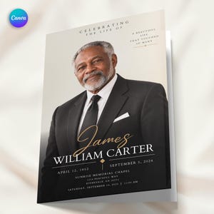 May include: A funeral programme featuring a portrait of an older person with a grey beard wearing a black suit and tie. The text reads Celebrating the Life of, A Beautiful Life That Touched So Many, James William Carter, April 12, 1952, September 5, 2024.