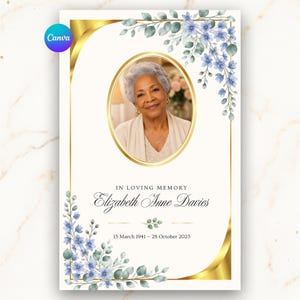 May include: A funeral program template featuring a gold frame, blue floral accents, and a central oval photo of an older person. Text reads: IN LOVING MEMORY, Elizabeth Anne Davies, 15 March 1941 – 28 October 2023. The design is on a white background.