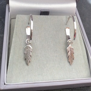Feather hoop sterling silver drop earrings, feather gift jewellery
