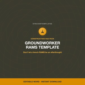 Op de afbeelding: Een donker olijfgroene digitale sjabloonomslag getiteld CONSTRUCTION H&S PACK GROUNDWORKER RAMS TEMPLATE met de tekst Don't let a trench RAMS be an afterthought, voorzien van een geel cirkelvormig icoon, witte tekst en EDITABLE WORD INSTANT DOWNLOAD.