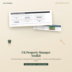 May include: A digital template titled UK Property Manager Toolkit featuring a Portfolio Dashboard with data fields for properties managed, rent roll, and overdue payments. The layout includes a spreadsheet preview, a plant icon, and a key icon.