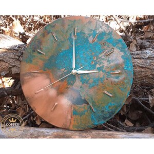 Handmade Patina Copper Wall Clock, Rustic Farmhouse Metal Clock, Turquoise Oxidized Wall Decor Silent Copper Clock, Unique Housewarming Gift