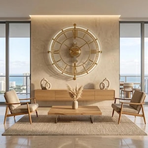 May include: A large, circular wall clock with a gold-toned metal frame, Roman numerals, and an illuminated outer ring. The clock features a central mechanism with thin hands and a pendulum, mounted on a textured wall above a wooden console table.