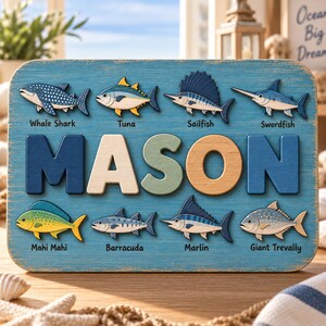 Personalized Wooden Name Puzzle, Deep Sea Game Fish Theme, Montessori Learning Toy for Kids, Nursery Decor Gift