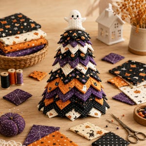 Puede incluir: Una decoración de árbol en forma de cono con triángulos de tela acolchada superpuestos en negro, naranja, blanco y morado con motivos de Halloween, rematada con una pequeña figura de fantasma blanco. El árbol está rodeado de artículos de costura.