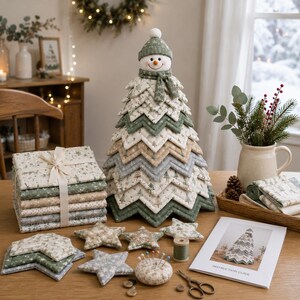 DIY snögubbe quiltad julgranskit, lapptäcke tyg sömnad pyssel, handgjord juldekoration, vinterquiltning present till hantverkare