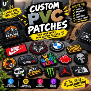 Może przedstawiać: Kolekcja różnych niestandardowych naszywek z PVC o zróżnicowanych wzorach, w tym logo, głowa wilka, kontroler do gier, panda oraz napisy takie jak "Explore More", "Game On", "Good Vibes", "Stay Strong" i "The North Face".