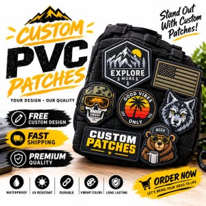 Puede incluir: Una bolsa táctica negra adornada con varios parches de PVC, incluyendo una escena de montaña con el texto EXPLORE MORE, una bandera de EE. UU., una calavera con casco, una palmera con GOOD VIBES ONLY y un oso con gafas y el texto BEER.