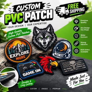 May include: A collection of custom PVC patches featuring various designs including a wolf head, a mountain landscape with the text EXPLORE MORE, a game controller with the text GAME ON, an astronaut helmet, a red bird head, and a skull flag.