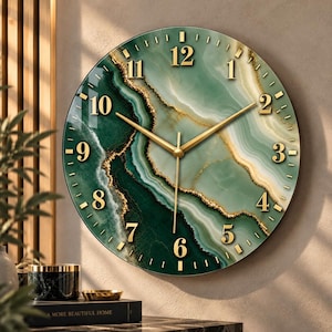 Sage Green Marble Wall Clock, Gold Glass Clock, Modern Neutral Home Decor