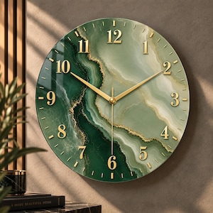Sage Green Marble Wall Clock, Gold Glass Clock, Modern Neutral Home Decor