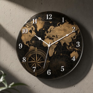 World Map Wall Clock, Vintage Map Glass Clock, Compass Travel Wall Decor