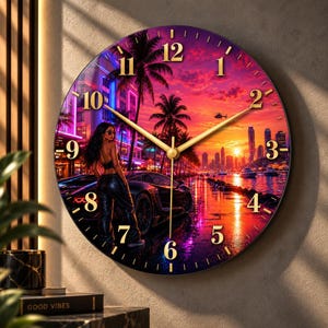 Neon City wandklok, Sunset Supercar glazen klok, tropische nachtleven gaming kamer decoratie