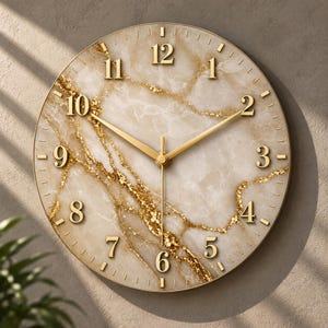 Ivory Marble Glass Wall Clock, White Gold Veining, Neutral Luxury Decor