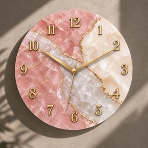 Pink Marble Wall Clock, Tempered Glass with Gold Effect Veining, Blush Room Accent