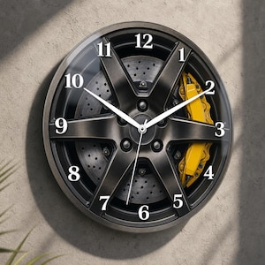 Car Wheel Clock, Yellow Brake Caliper Art, Garage Wall Decor