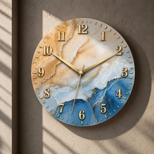 Blue Agate Wall Clock, Coastal Marble Glass Clock, Aqua Blue Abstract Wall Decor