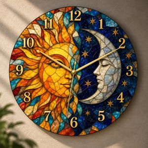 May include: A round wall clock featuring a stained glass design of a sun and moon face. The left side displays a yellow and orange sun, while the right side shows a blue and white crescent moon with stars. Gold-colored numbers and hands.