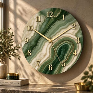 Reloj de pared de ágata verde, esfera de cristal templado, movimiento de cuarzo silencioso.
