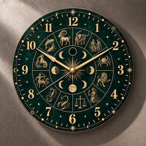 Zodiac Moon Phase Glass Wall Clock, Emerald Green Celestial Decor