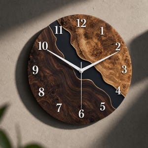 Burl Wood Glass Wall Clock, River Table Style, Rustic Home Decor