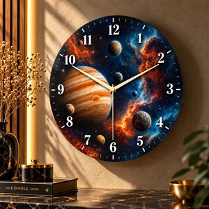 Jupiter Wall Clock, Solar System Scene in Glass, Orange Nebula Art