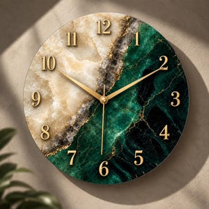 Emerald agate wall clock, tempered glass with gold veining, ivory mineral design