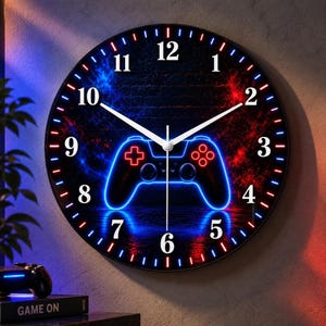 Horloge murale manette, décoration néon pour salle de jeux, mouvement à quartz silencieux