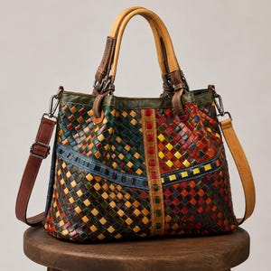 Può includere: Una borsa in pelle intrecciata multicolore con un complesso motivo a scacchiera nei toni del rosso, giallo, verde, blu e marrone. La borsa include due manici superiori color cuoio chiaro, una tracolla marrone rimovibile e una striscia centrale.