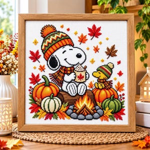 Autumn Cross Stitch Pattern, Dog and Pumpkins Campfire PDF Download
