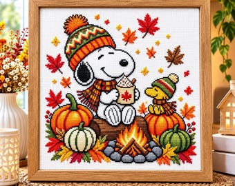 Autumn Cross Stitch Pattern, Dog and Pumpkins Campfire PDF Download