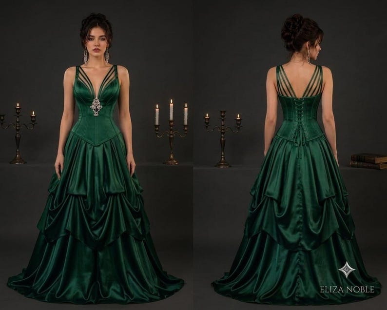 Front and back views of a model wearing a deep green satin gown with a structured bodice, strappy neckline, and tiered skirt.
