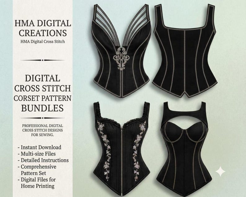 Digital cross stitch pattern bundle showing four different black gothic corset designs with front and back views.