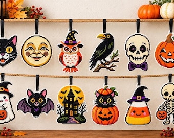 May include: A set of twelve Halloween-themed plastic canvas ornaments hanging from a rope. Designs include a black cat, moon, owl, raven, skull, jack-o'-lantern, ghost, bat, haunted house, cat in pumpkin, candy corn, and a skeleton.