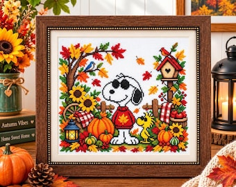 Snoopy Cross Stitch Pattern, Autumn Pumpkin Garden PDF Download