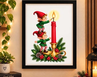 May include: A framed print featuring two elves in green tunics and red hats. One elf stands on the shoulders of the other, lighting a tall red candle in a gold holder. The base is decorated with green pine branches, red berries, and pinecones.