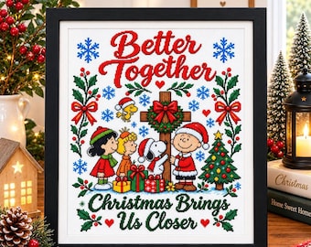 Peanuts Cross Stitch Pattern, Christmas Design with Better Together Message