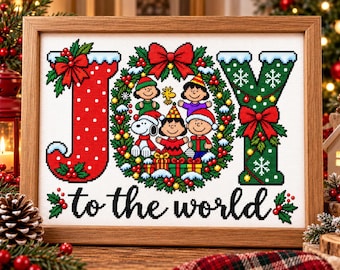 May include: A framed cross-stitch embroidery featuring the word JOY in large red and green letters, with a central wreath containing Peanuts characters and the text to the world in black script, accented by holly berries and bows.